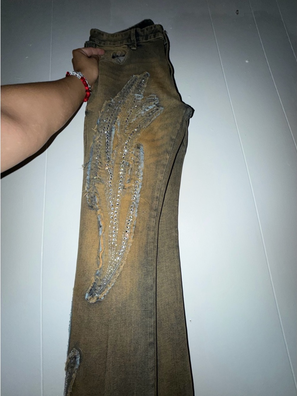 Rustic Brown Distressed Jeans with Sequin Wing Detail - Picture 7 of 7
